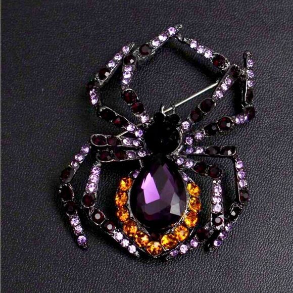 Gothic Rhinestone Spider Brooch, Black, Orange, and Purple, Dark W… - Picture 1 of 3